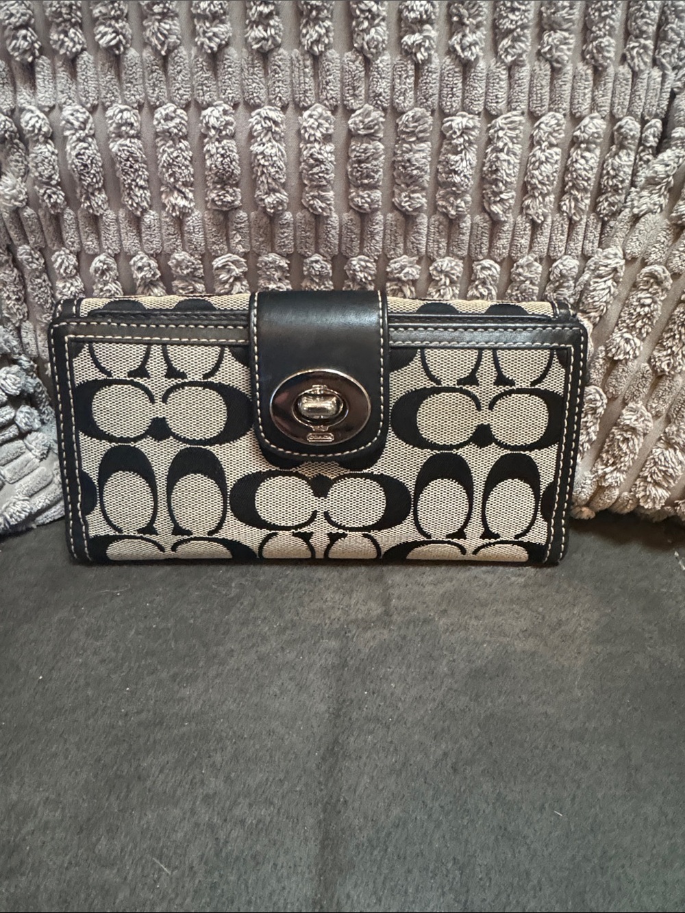 Coach Black and Cream Signature Canvas Turnlock Wallet